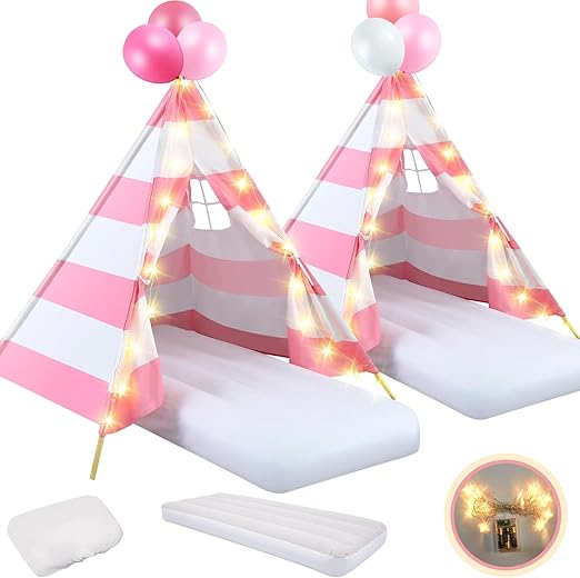 2 Pack Kids Teepee Tent with Mattress,Fitted Sheet,Light String