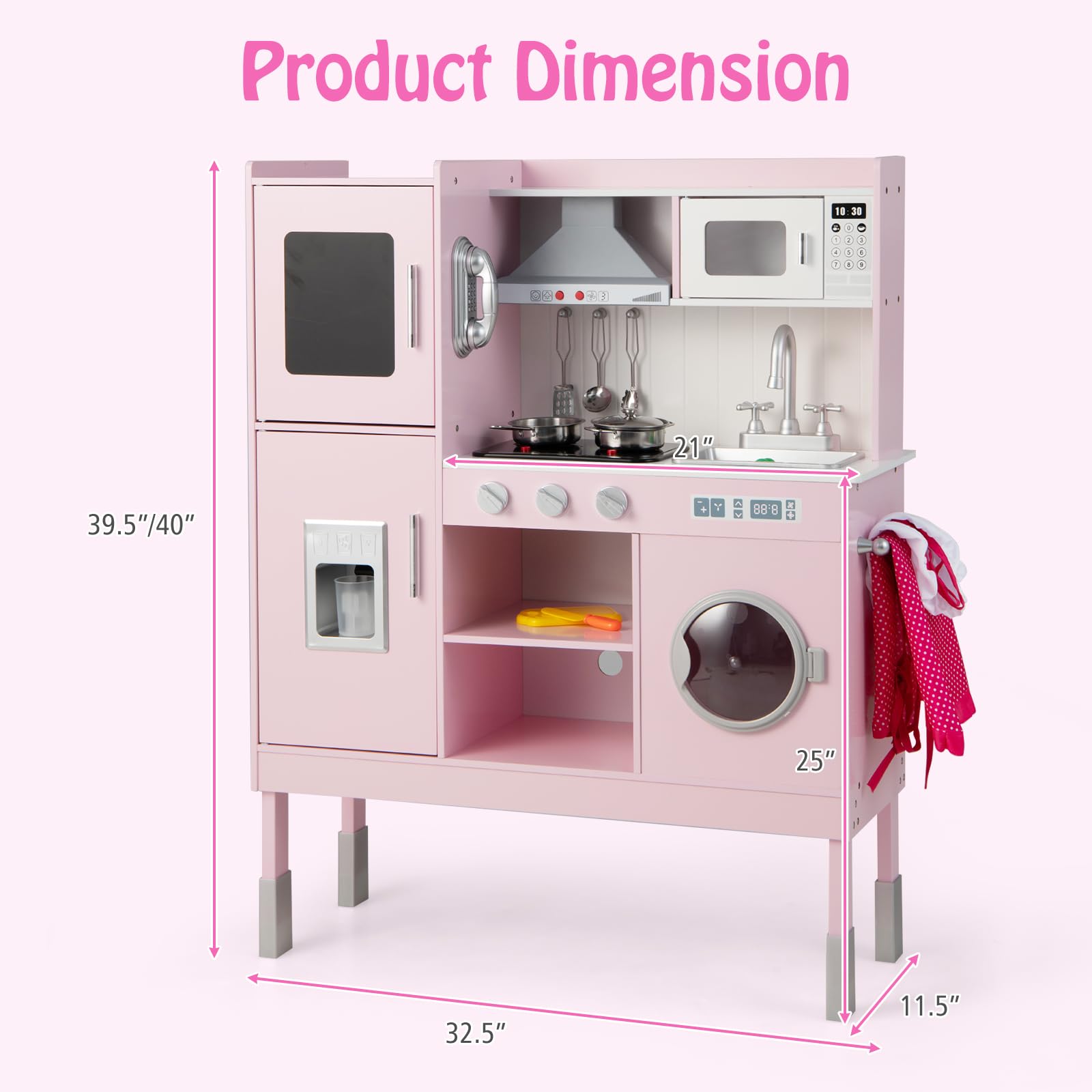Wooden Kids Kitchen Playset with Sound & Light - Adjustable Height