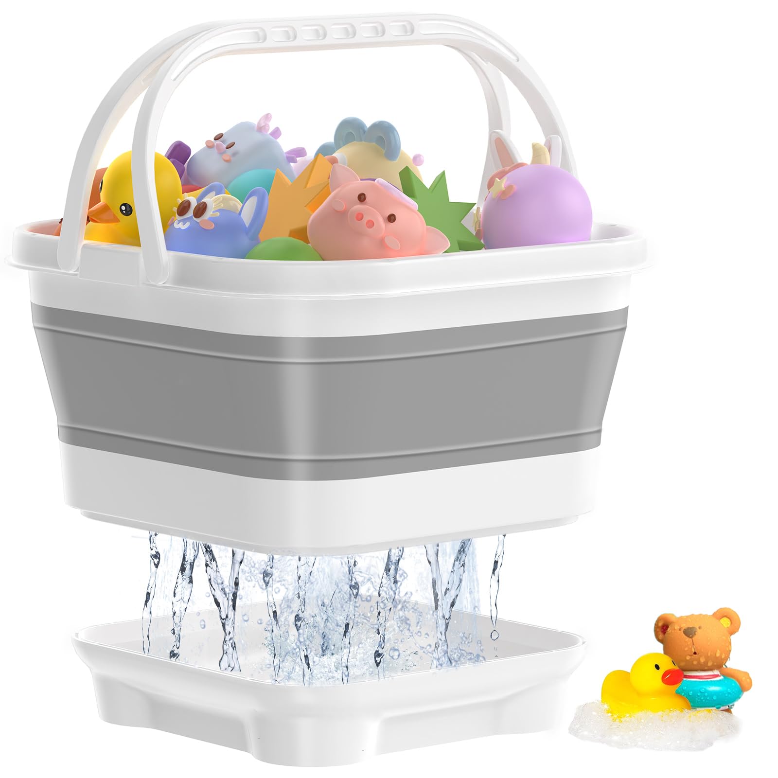 Foldable Bath Toy Storage Organizer with Drain Base Gray