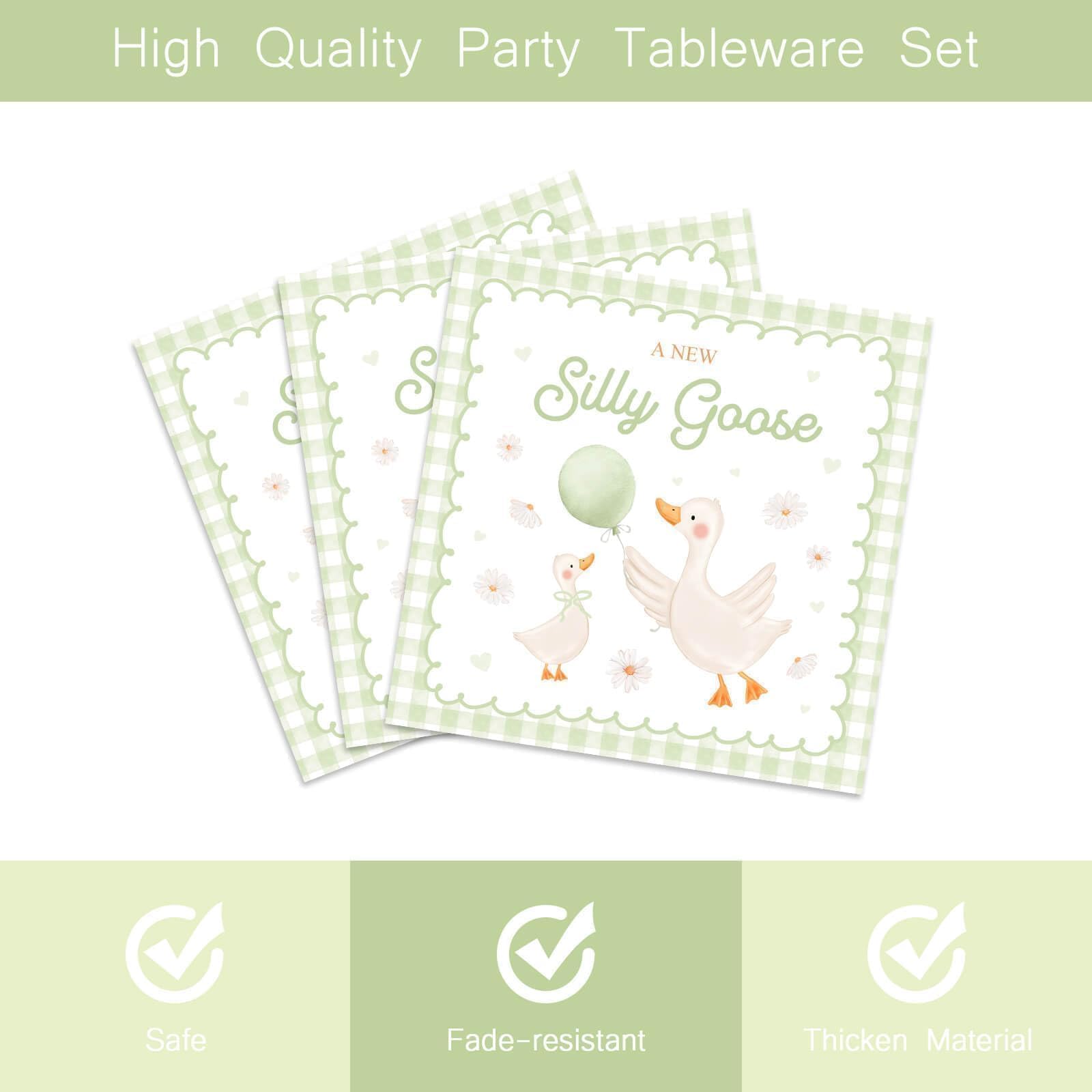 96pcs A New Silly Goose Baby Shower Tableware Kits Goose Theme Disposable Paper Plates and Napkins Set for 24 Guests Farm Animal Baby Shower Supplies for Girls Boys