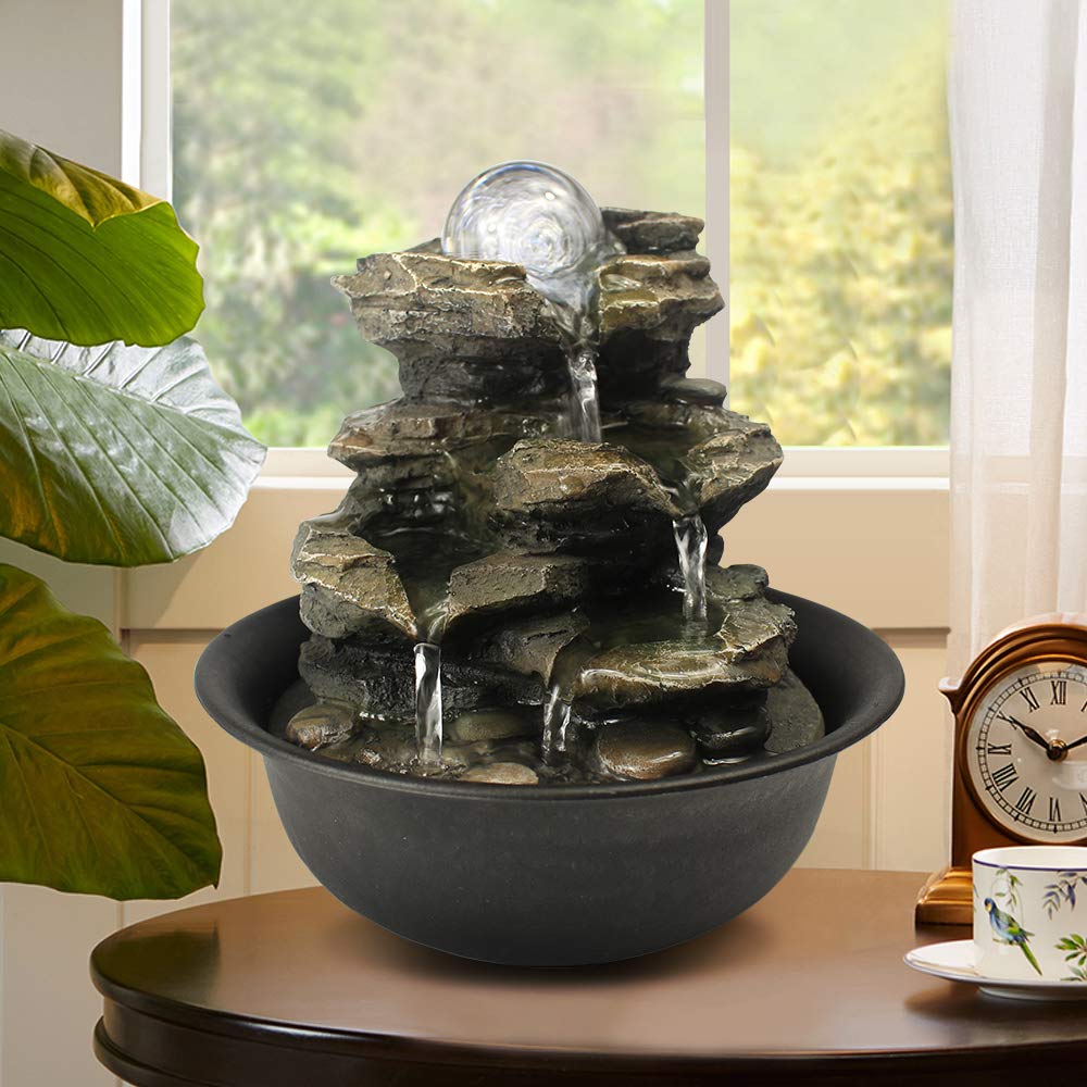 Spinning Orb Rock Cascading Tabletop Fountain, Zen Meditation Indoor
