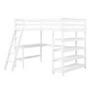 Full Loft Bed with Desk and Storage Shelves, Solid Loft Bed Frame