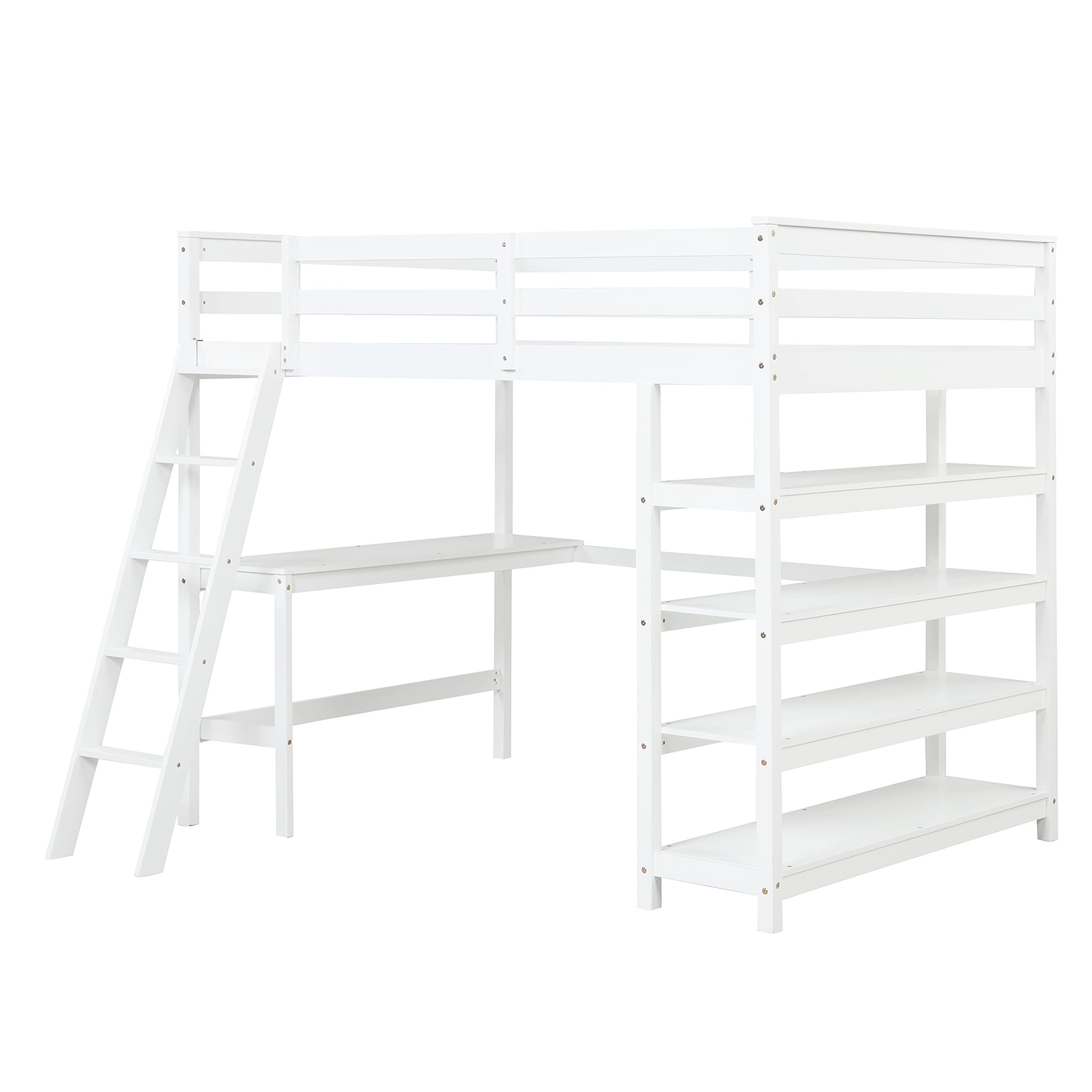Full Loft Bed with Desk and Storage Shelves, Solid Loft Bed Frame