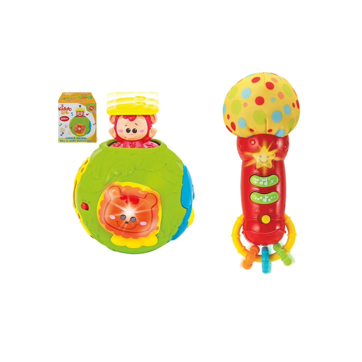 Kiddilab Jungle Animal Roll & Learn Baby Activity Ball with Electronic Playtime Light-Up Features & Baby Microphone Toy with Sounds, Teethers/Rattle for Infants 3-36 Months.