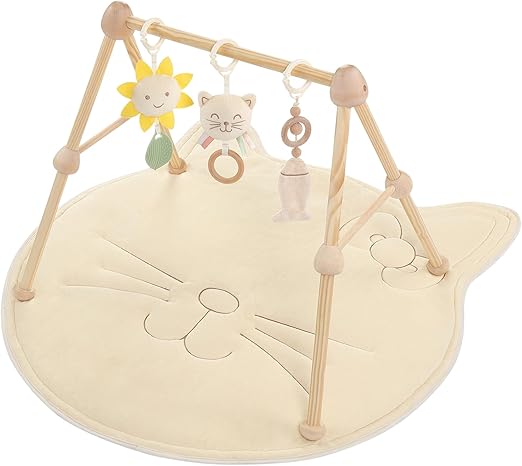 4-in-1 Wooden Baby Play Gym & Activity Mat, Soft Cotton Tummy Time Mat