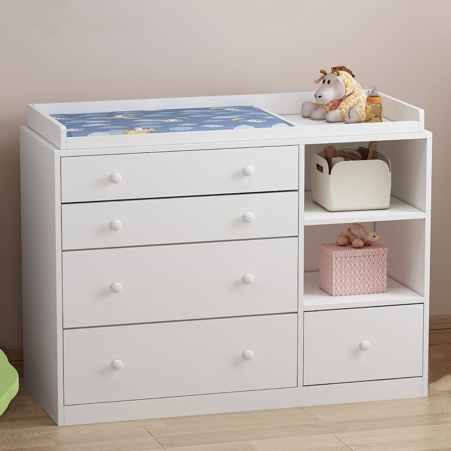 White Nursery Dresser with 5 Drawers and Storage Shelves
