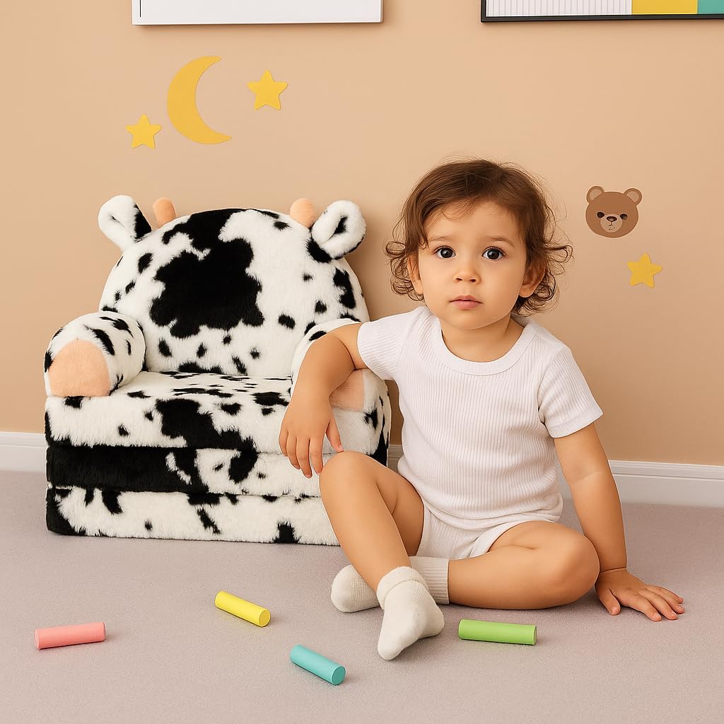 Toddler Chair with Faux Rabbit Fur – 2-in-1 Foldable Kids Couch, Soft Sofa for Reading