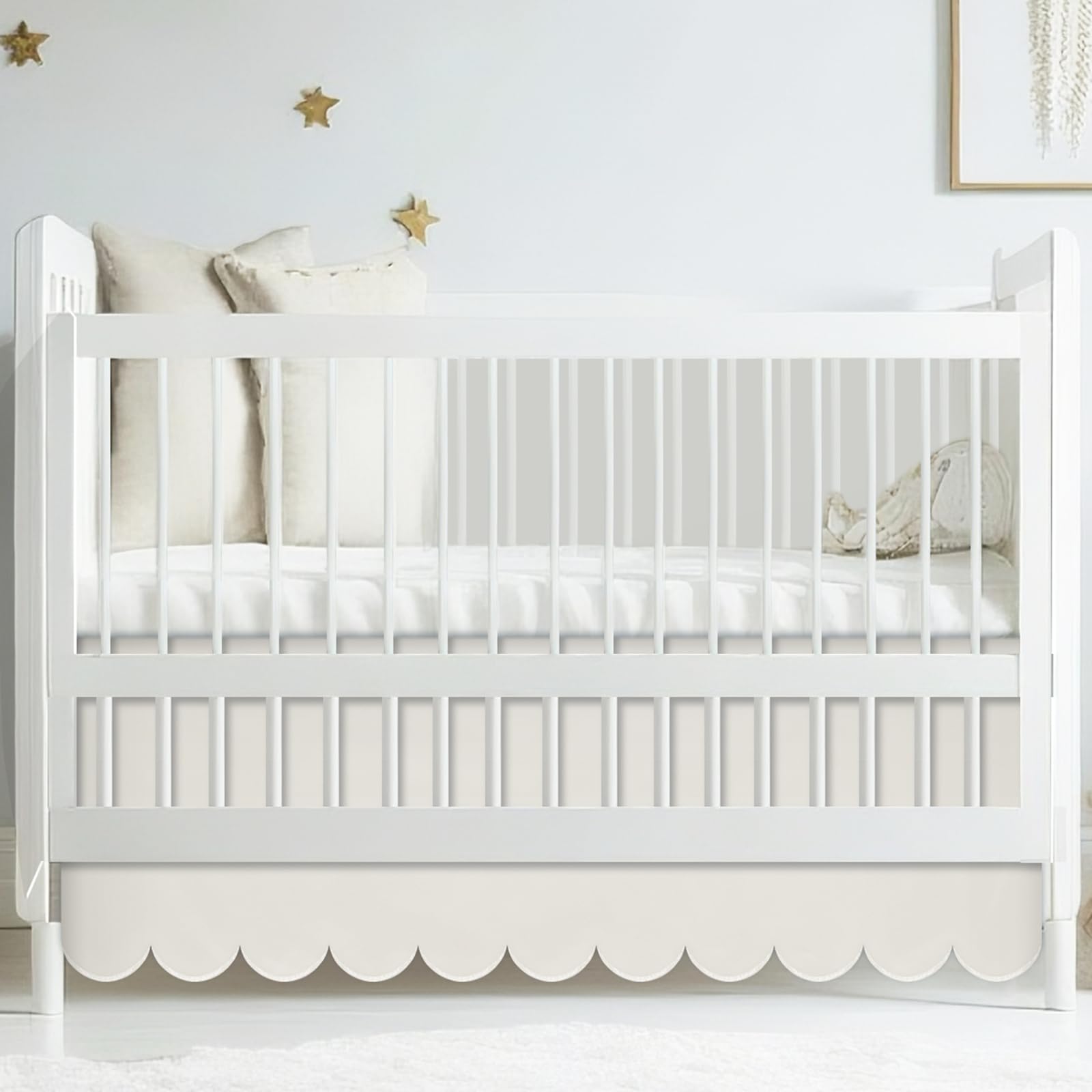 Hahafelt Scalloped Crib Skirt 28"x 52" with Drop Pleated Dust Ruffle with Split Corners for Baby Boys Girls Soft 4-Sided Crib Bed Skirt Nursery Standard Toddler Bedding(14" Drop,Beige)