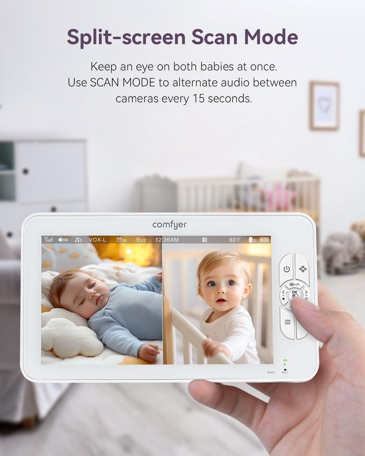 Comfyer 7" Split-Screen Baby Monitor with 2 1080P Cameras, 720P HD No WiFi Monitor with a Flexible Bracket, Video Baby Monitor with Camera and Audio, 2 Way Audio, Remote PTZ, Auto Night Vision
