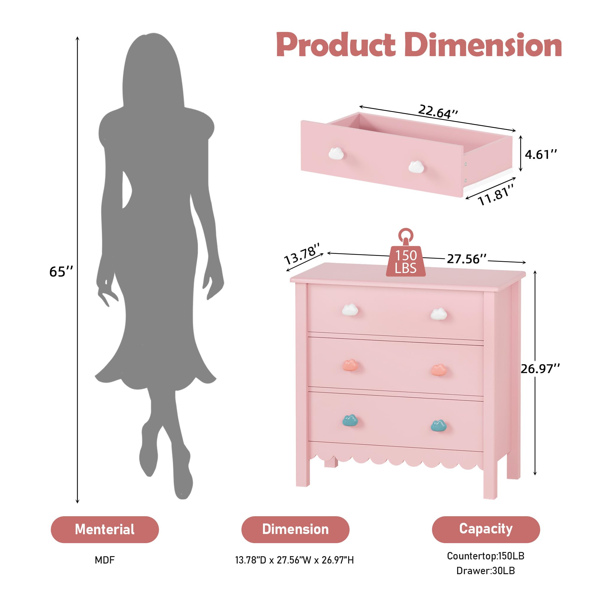 3-Drawer Scalloped Nightstand with Cloud Handles