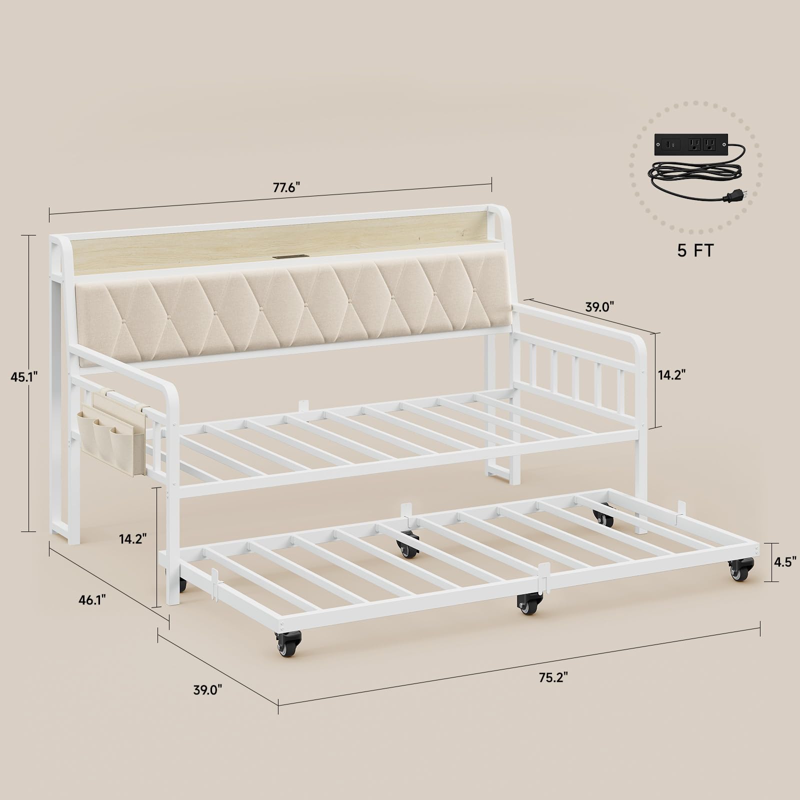 ONBRILL Twin Daybed with Trundle, Metal Day Bed Frame with Ergonomic Upholstered Headboard & Charging Station, Sofa Bed with Twin Trundle for Living Room, Bedroom, playroom, and Guest Room, White