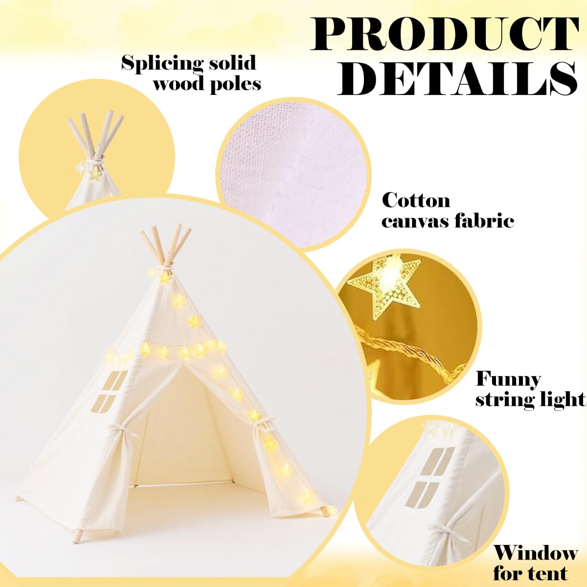 Kids Teepee Tent with String Lights