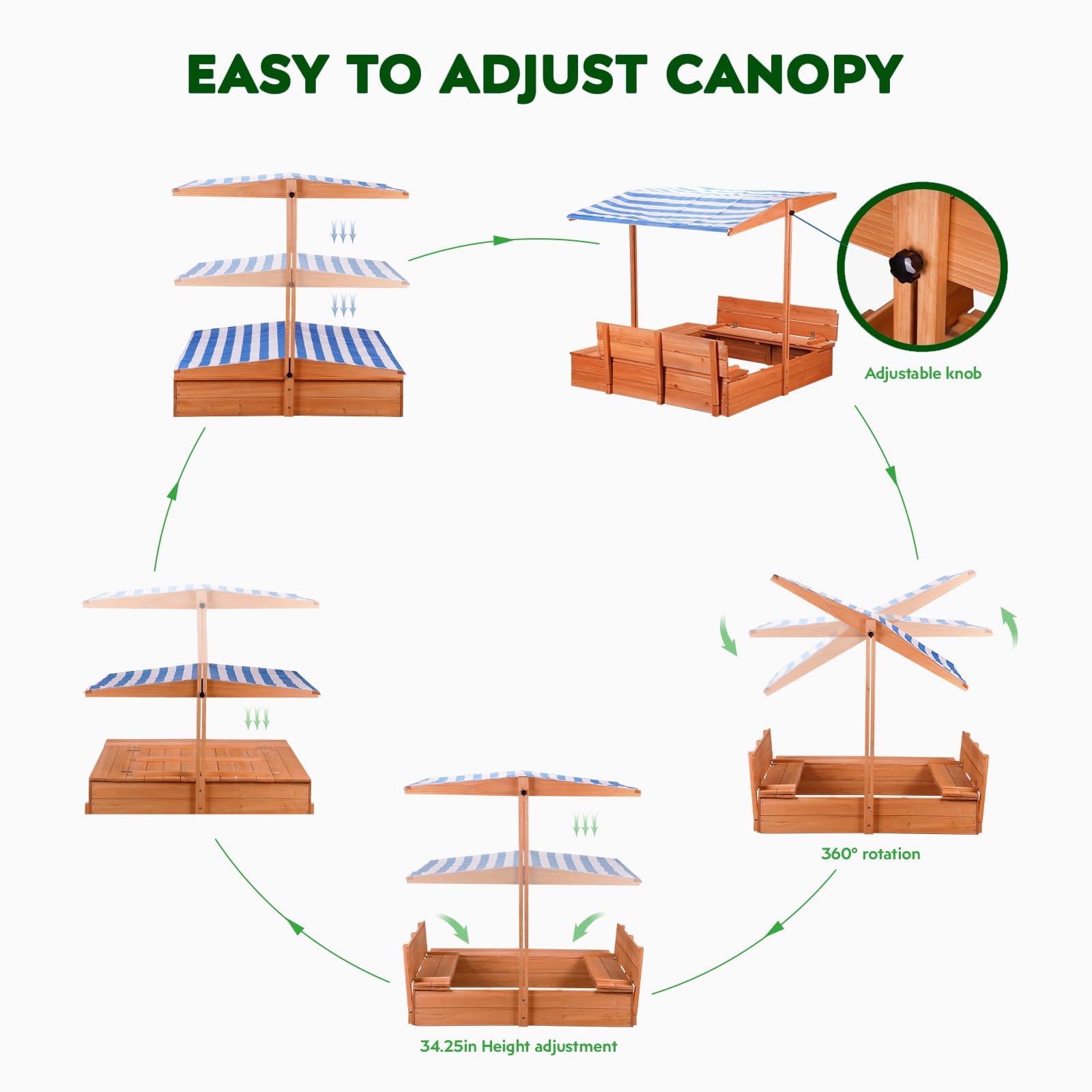 Wooden Outdoor Sandbox with Canopy and Storage Benches