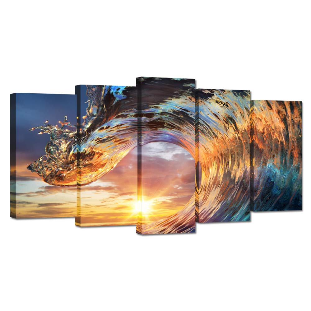 Large 5 Piece Sea Waves Canvas Wall Art Sunset Ocean Wave