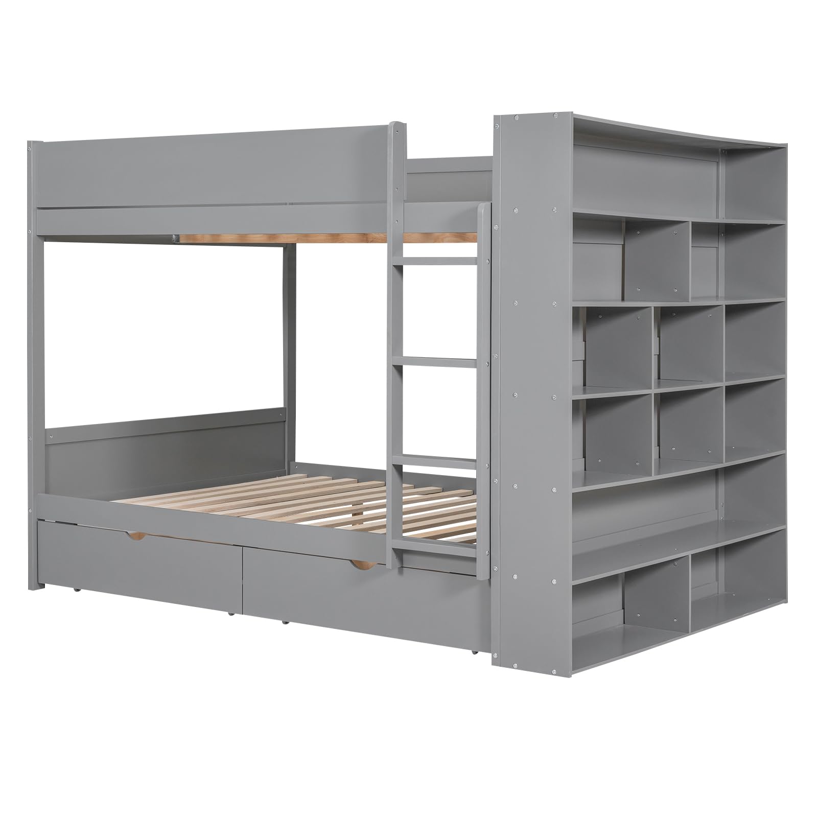 Full Over Full Bunk Bed with 2 Drawers and Multi-Layer Cabinet, Gray