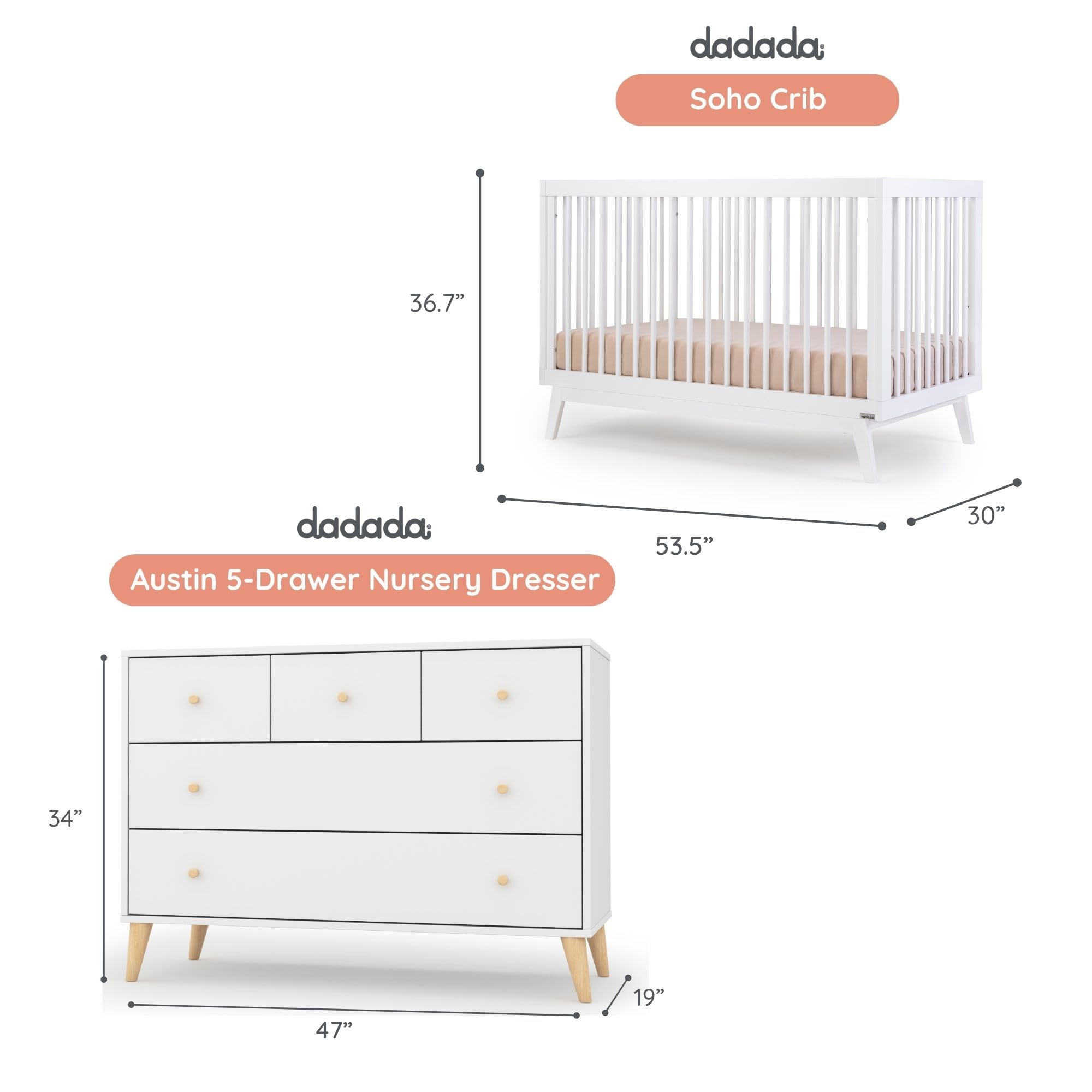 3-in-1 Convertible Crib and 5-Drawer Dresser Set
