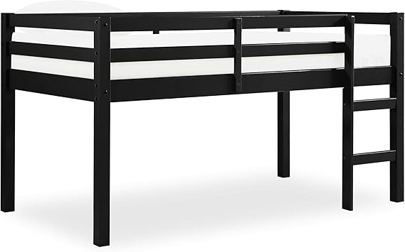 Milton Twin Loft Bed with Safety Guard Rail, Black, Space Saving Junior Size, Pine Wood