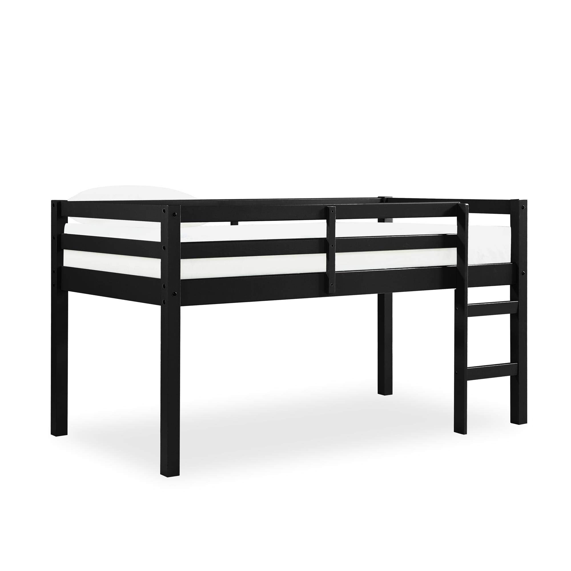 Milton Twin Loft Bed with Safety Guard Rail, Black, Space Saving Junior Size, Pine Wood