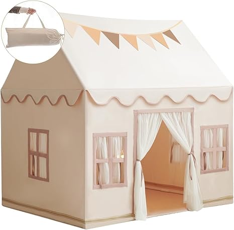 Large Kids Tent Playhouse Basic Mat with Star Lights, Flags and Tote Bags