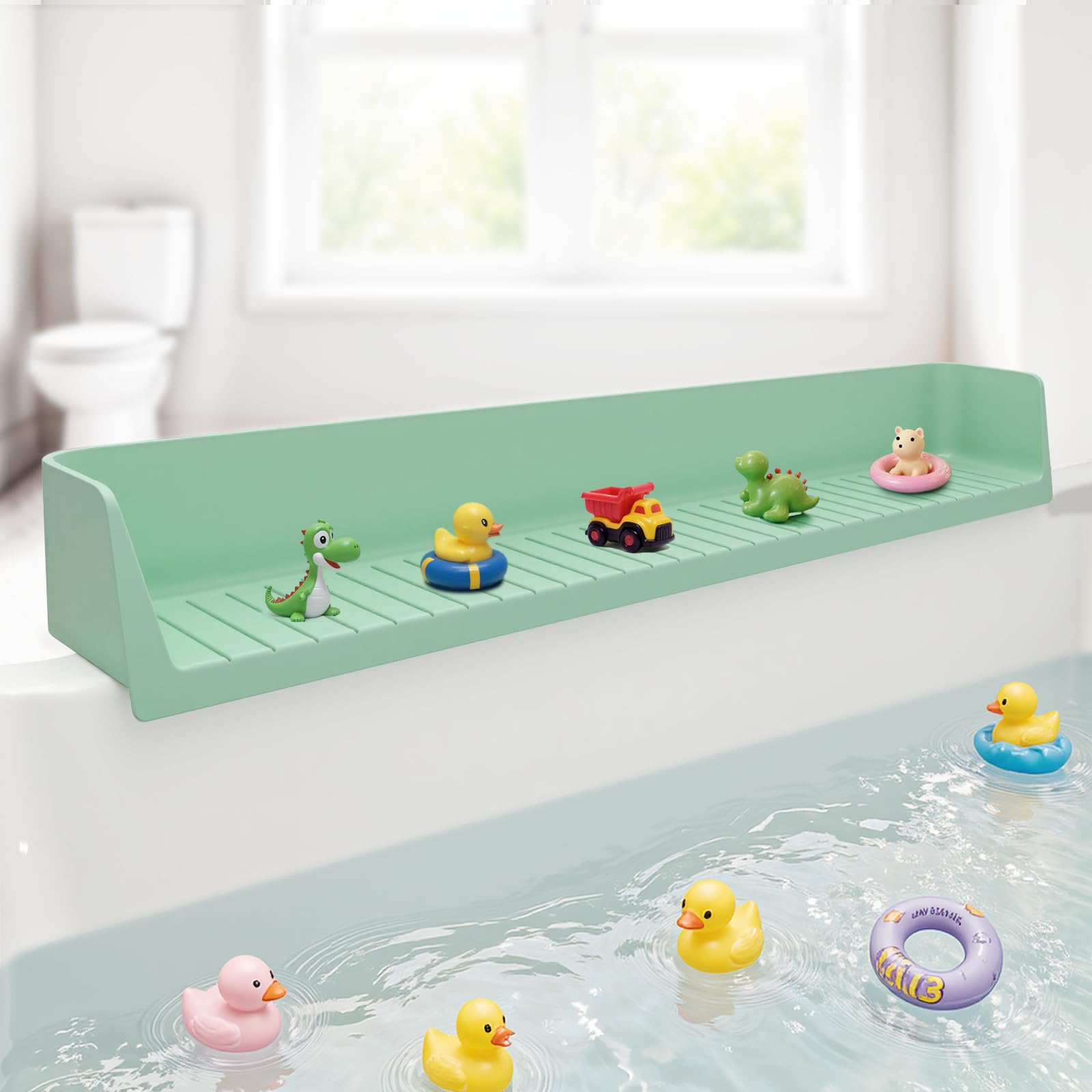 Bathtub Splash Guard, Silicone Bathtub Water Guard with Toy Tray Shelf
