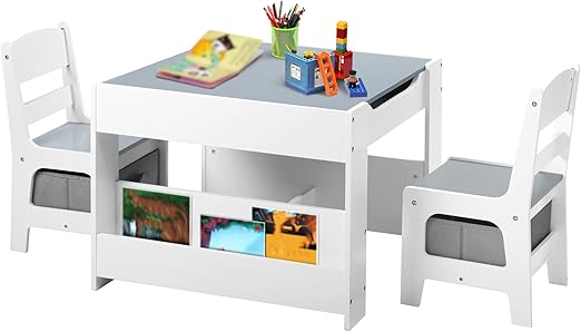 Kids Wood Table & 2 Chairs Set, 4 in 1 Children Activity Table w/Double Bookcase,