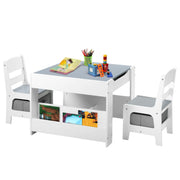 Kids Wood Table & 2 Chairs Set, 4 in 1 Children Activity Table w/Double Bookcase,