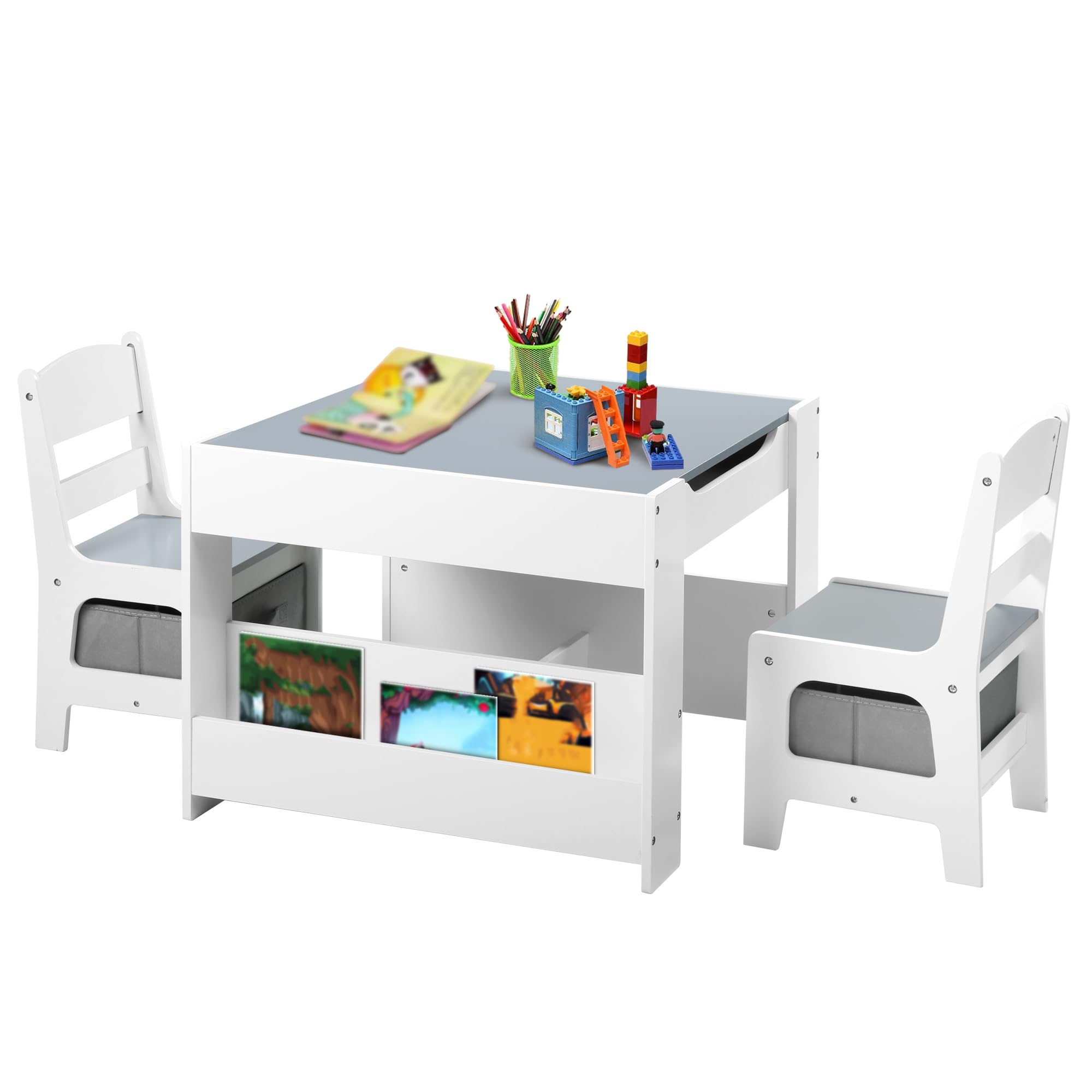 Kids Wood Table & 2 Chairs Set, 4 in 1 Children Activity Table w/Double Bookcase,
