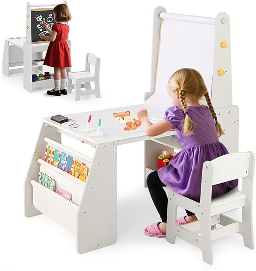 Kids Art Table and Chair Set, 4 in 1 Wooden Easel Activity Desk Set w/Whiteboard