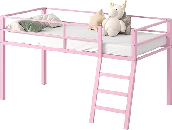 Loft Bed Twin Size, Low Junior Metal Twin Loft Bed with Stairs and Safety Guard