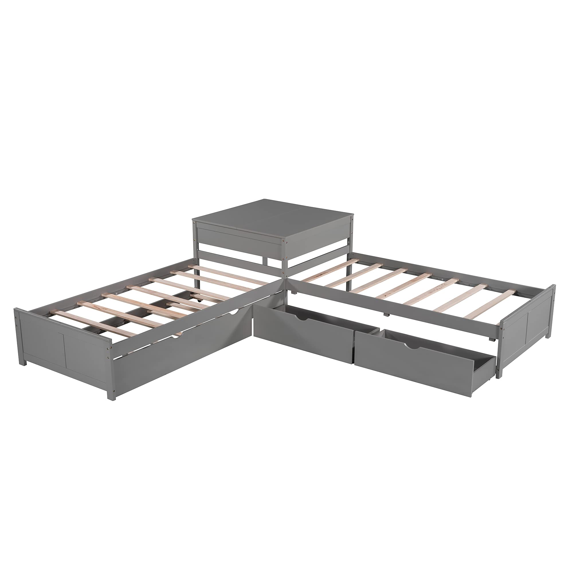 Merax L-Shaped Platform Bed with Trundle, Drawers and Built-in Desk, Wood Bed for Teens, L Shaped Twin Bed, Grey