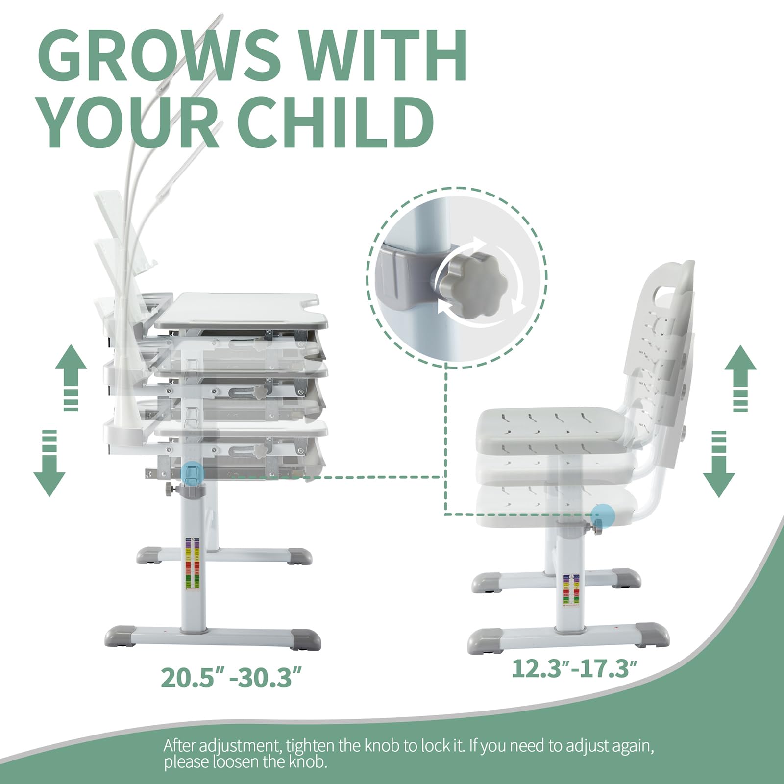 Kids Study Desk and Chair Set with LED Lamp