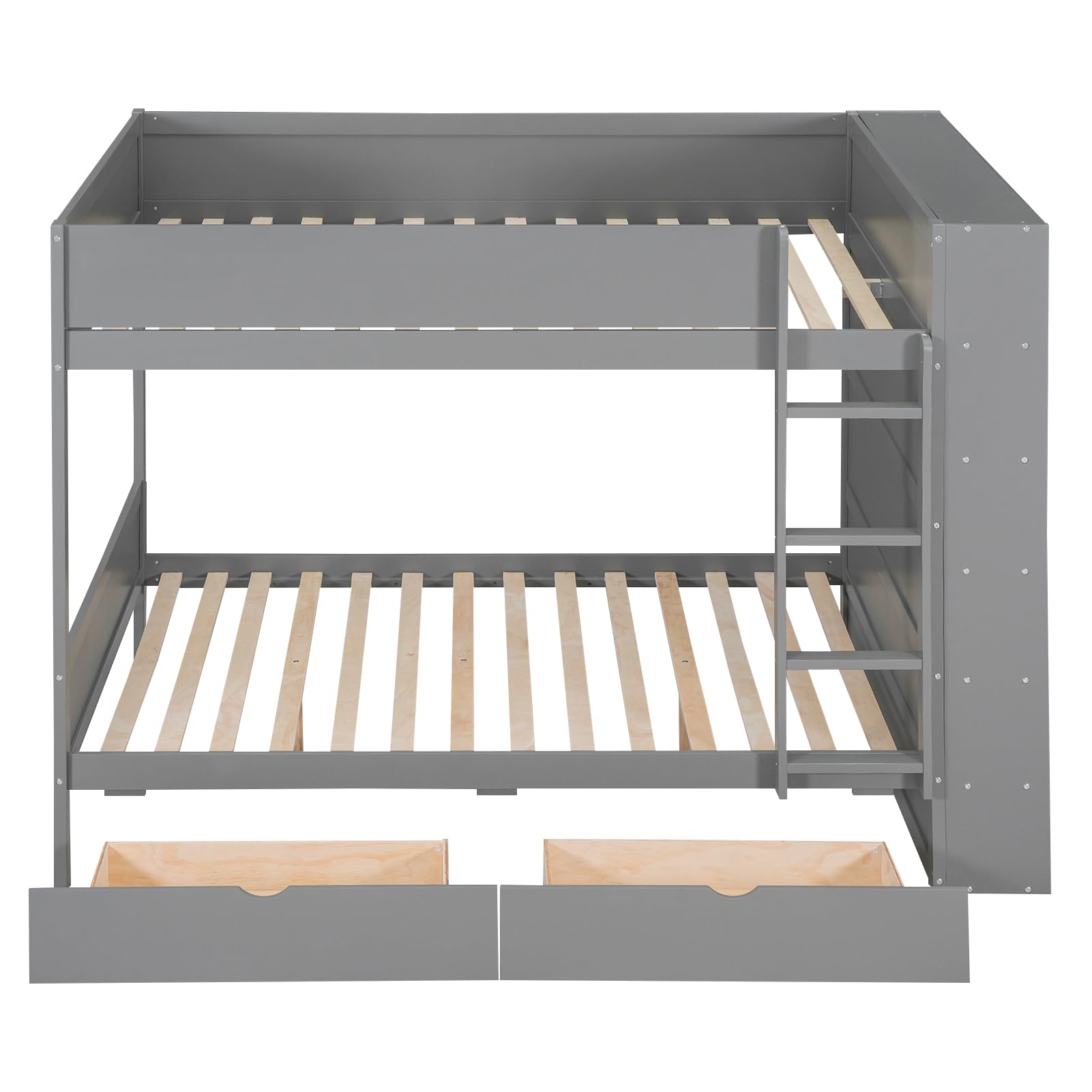 Full Over Full Bunk Bed with 2 Drawers and Multi-Layer Cabinet, Gray