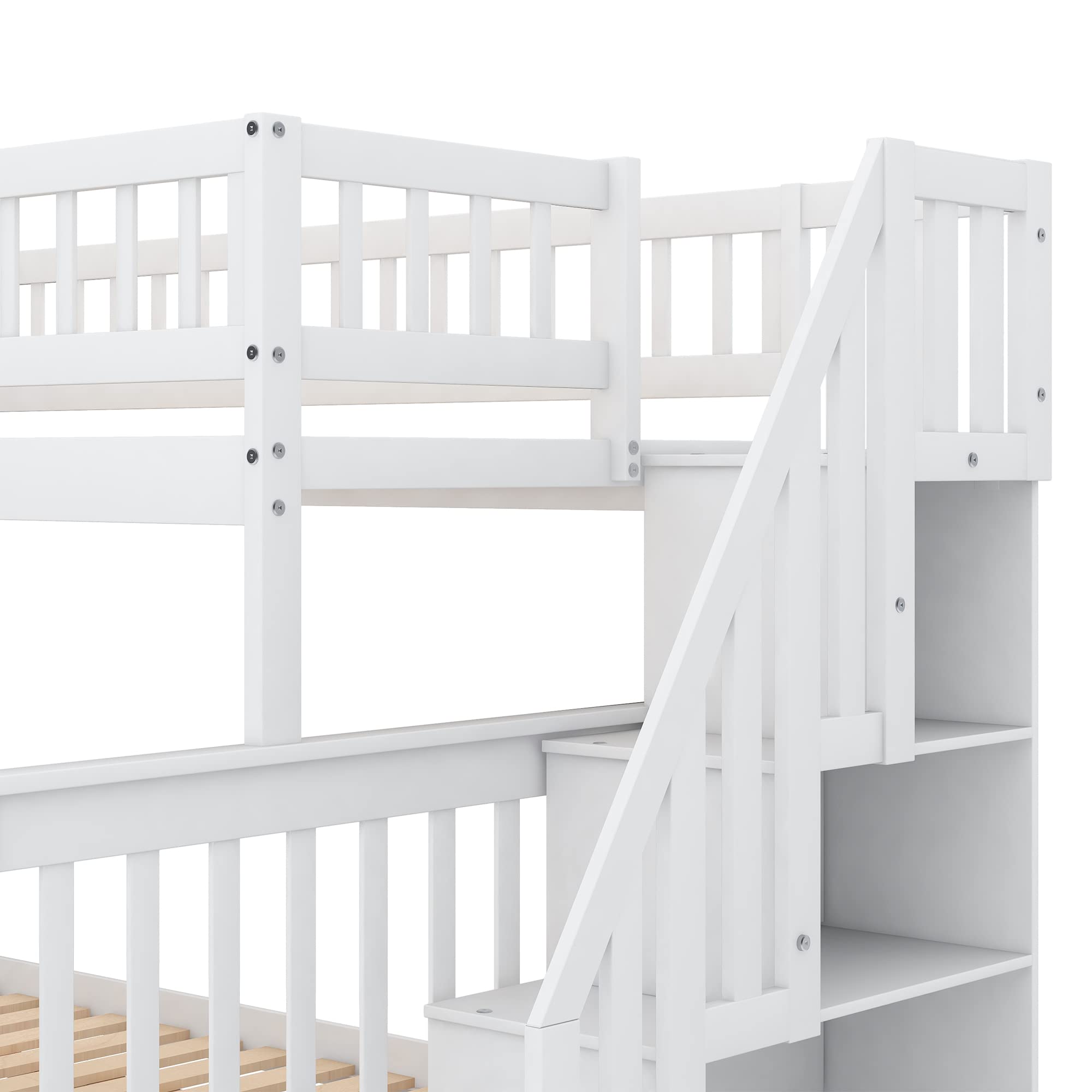 Twin Over Full Bunk Bed with Trundle and Staircase, Bedroom/Guest Room Furniture, Space-Saving Design,White