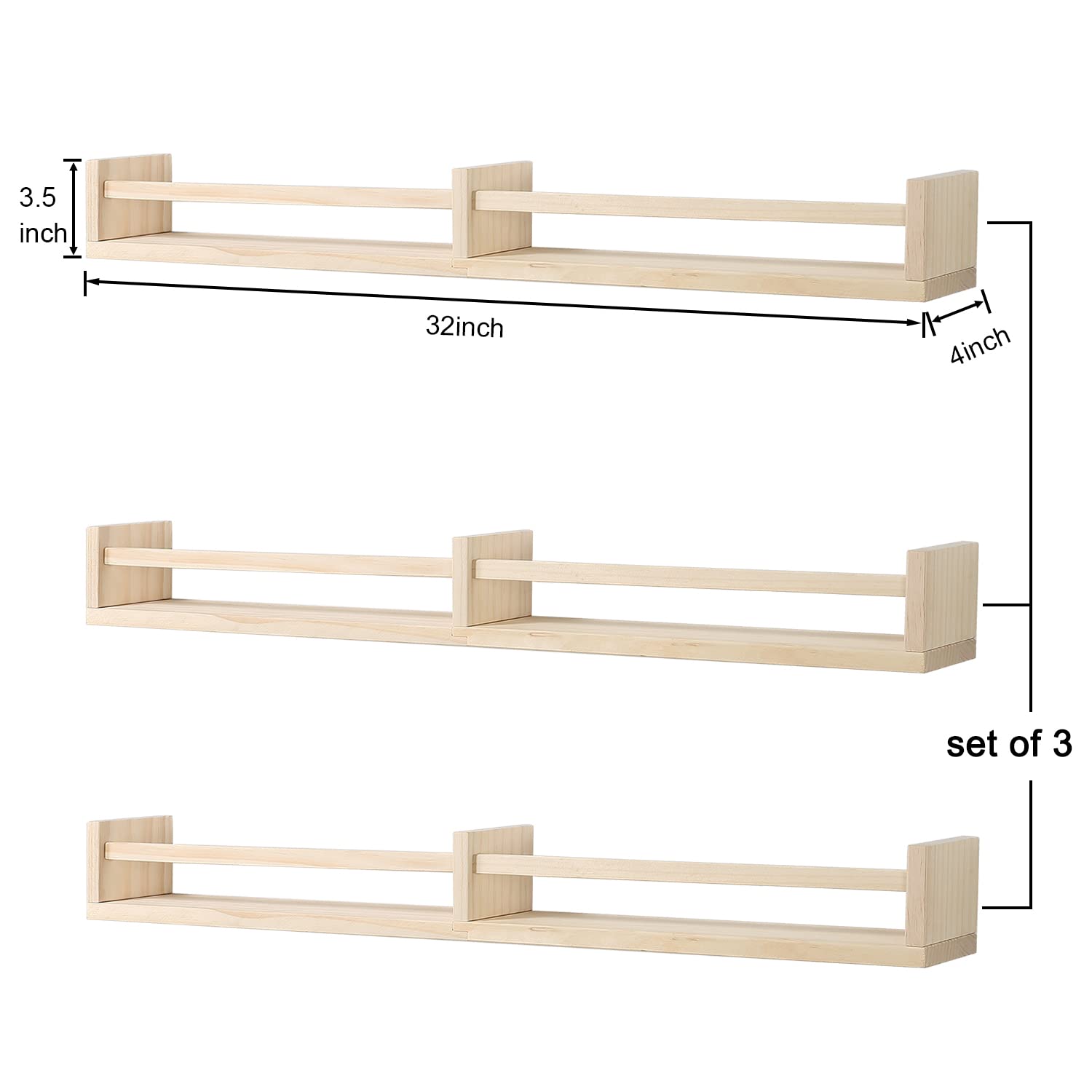 Wall Mounted Floating Bookshelves for Nursery - Set of 3