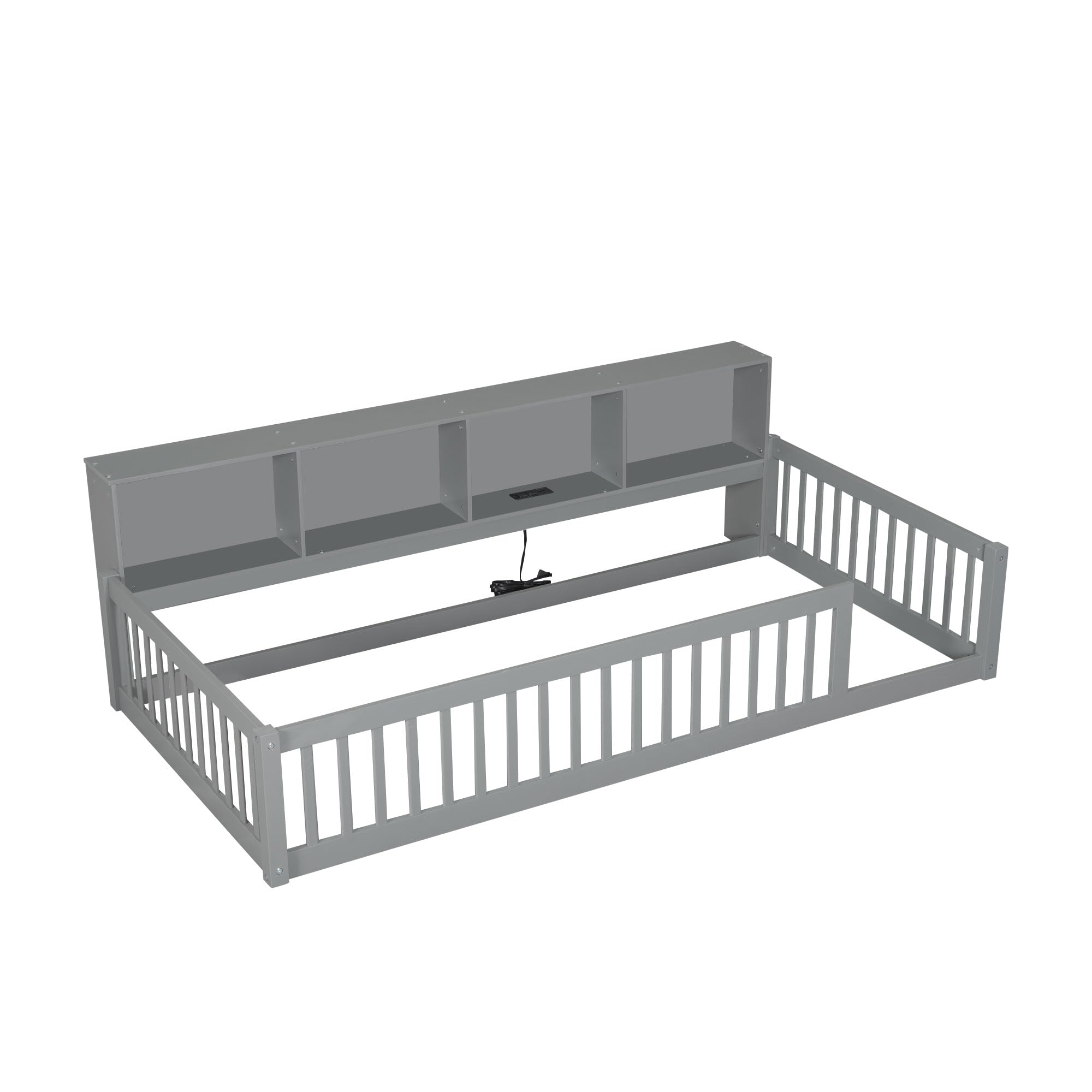 Twin Floor Bed with Storage and Safety Rails for Kids
