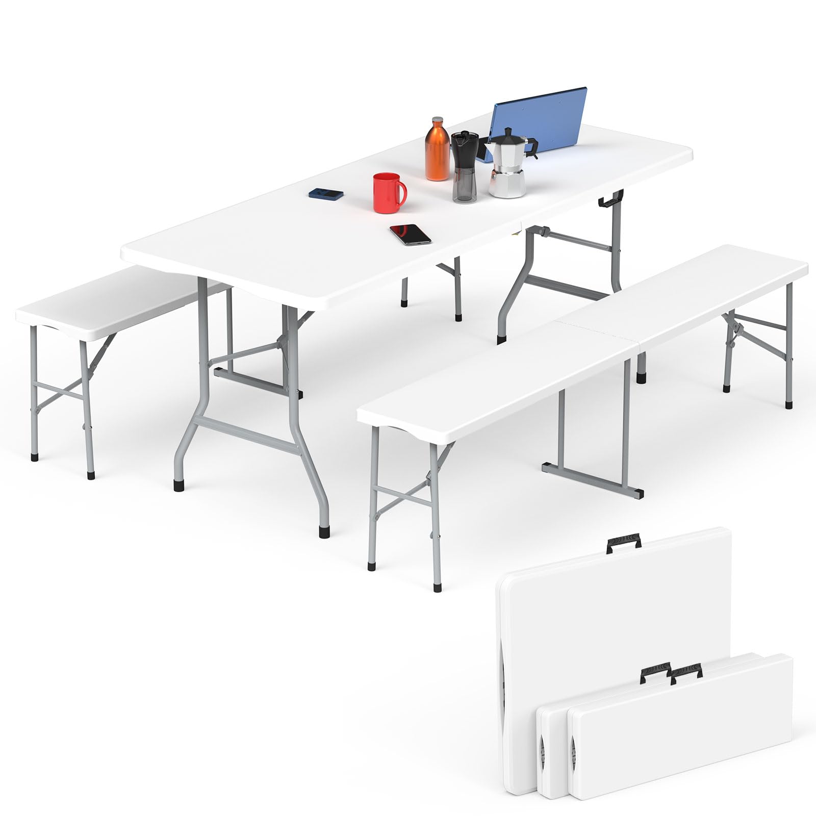 Folding Table Picnic Table Set, 6 ft Camping Table with 2 Benches