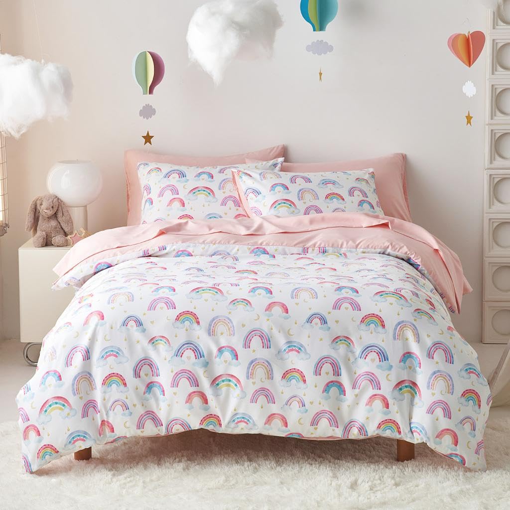 Rainbow Bedding Set for Girls, Cute Colorful Pastel Rainbow Clouds