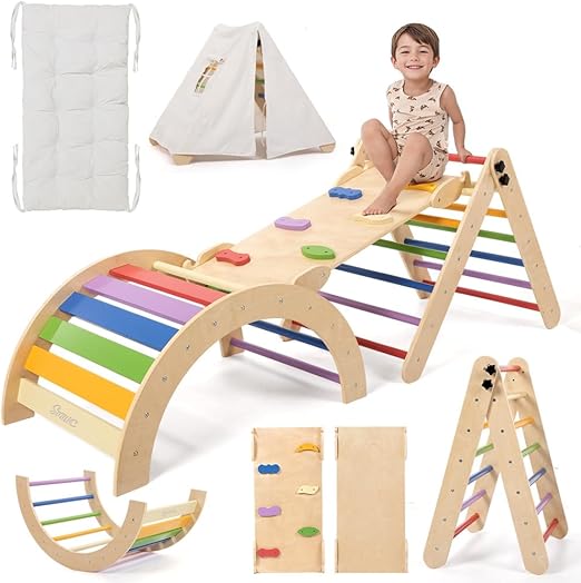 Pikler Triangle Set with Cushion, 8-in-1 Toddler Climbing Toys Indoor