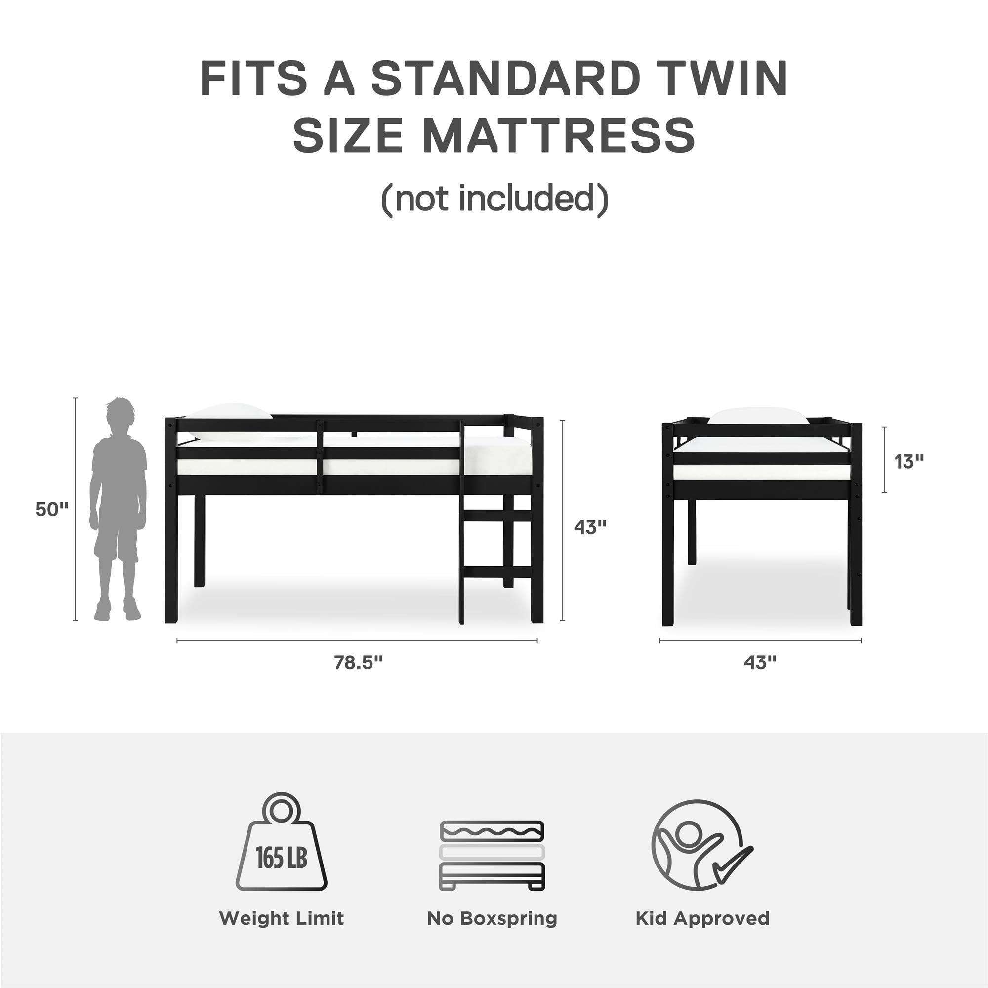 Junior Twin Loft Bed with Ladder and Guard Rail