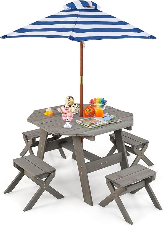 Kids Outdoor Picnic Table Set with Umbrella and 4 Stools