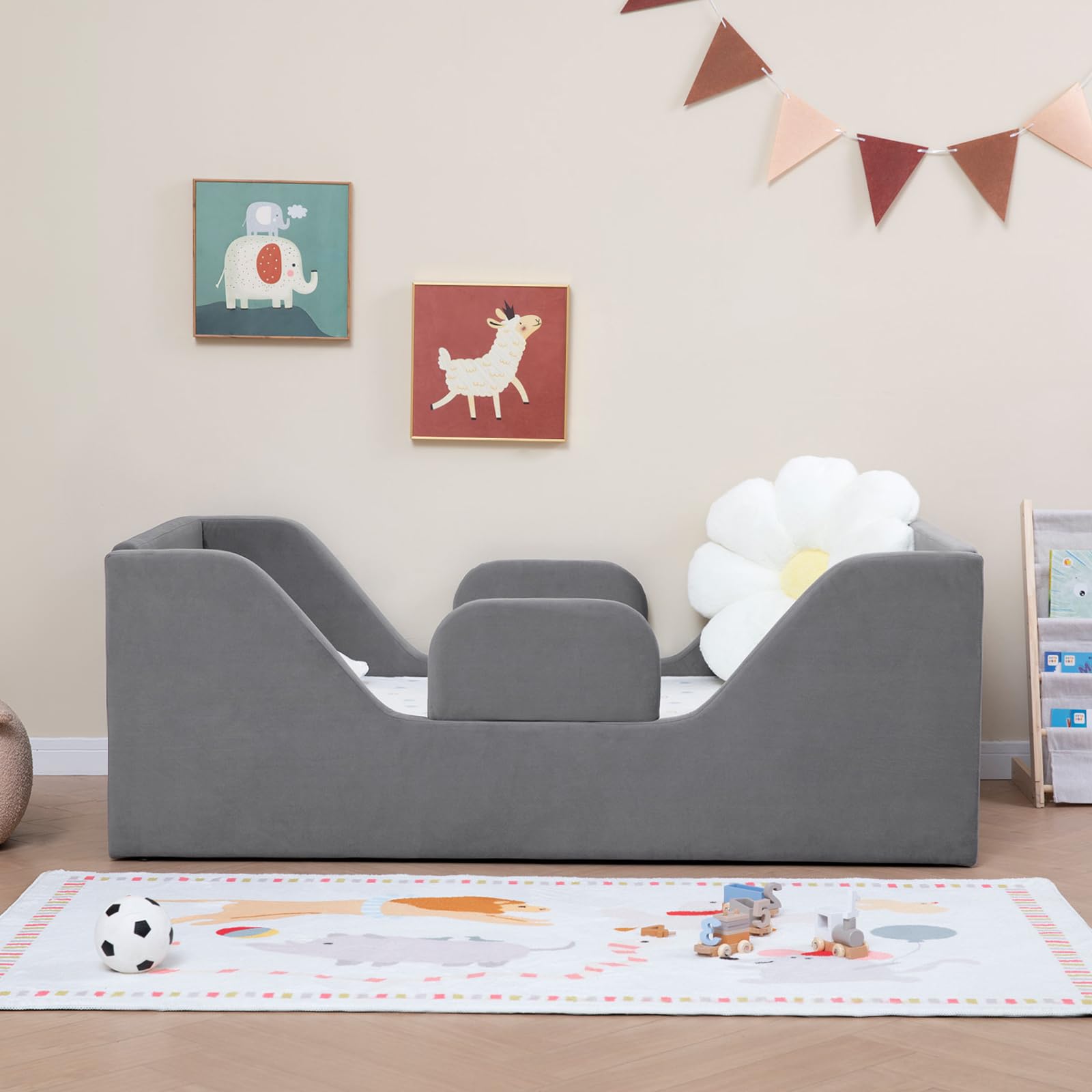Toddler Floor Bed with Safety Rails and Storage