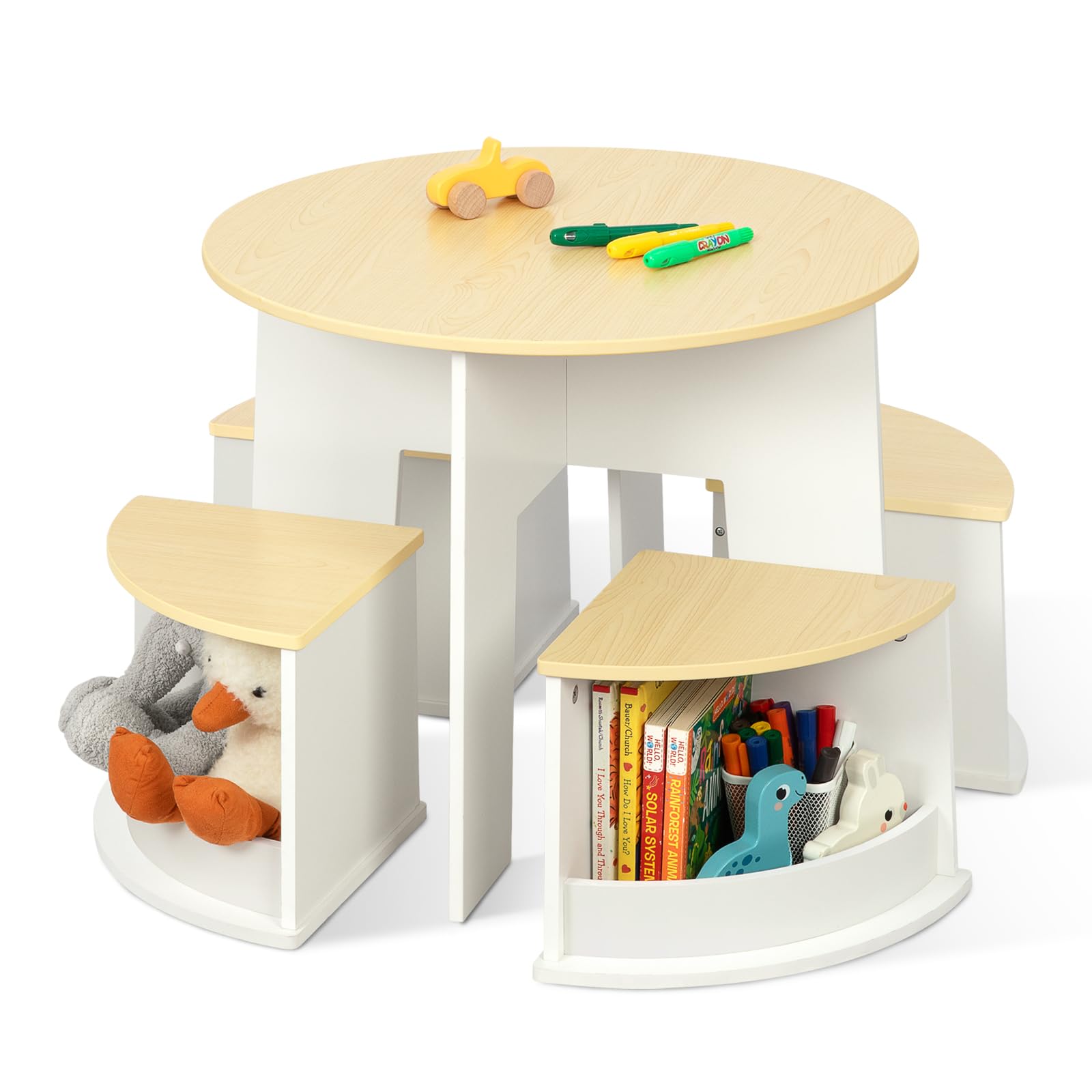 Toddler Table and Chair Set, Wooden Round Table with 4 Storage Stools