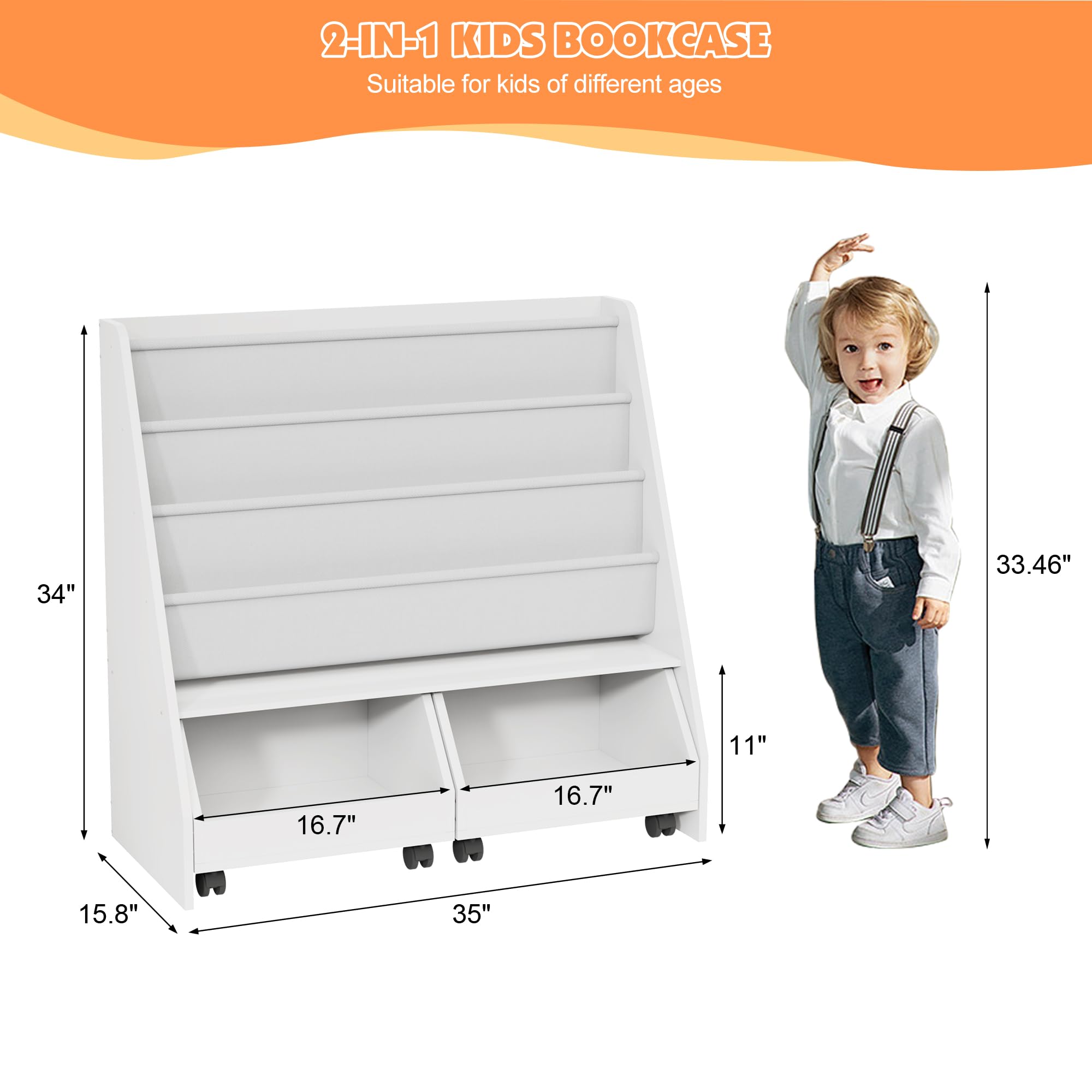 Kids Bookshelf with Storage Drawers and Sling Pockets