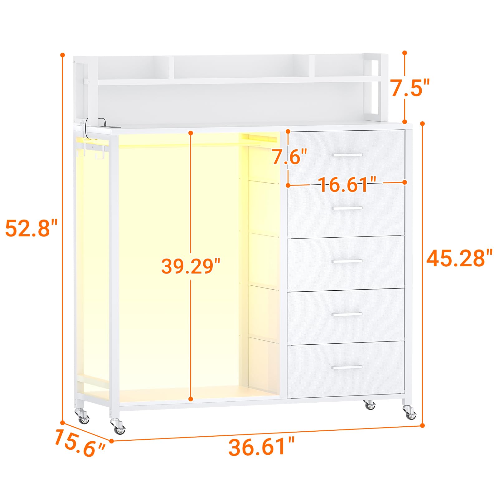 5 Drawer Dresser with Clothes Rack and Charging Station
