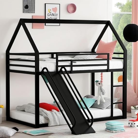 Staircase Bunk Bed with Slide for Kids,Low Bunk House Bed