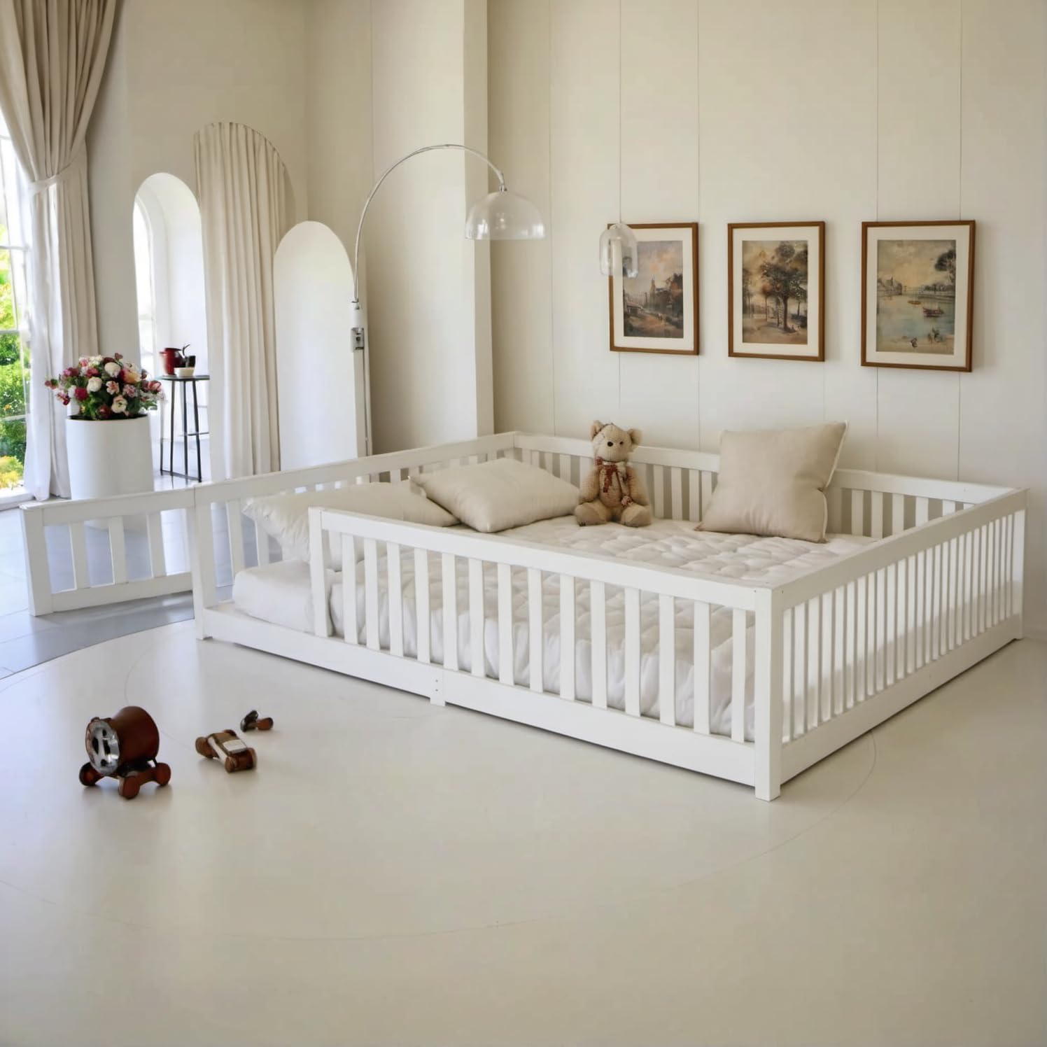 Full Size Floor Bed with Fence and Door,Rubber Wood Floor Bed w/Safety Guardrails/Near
