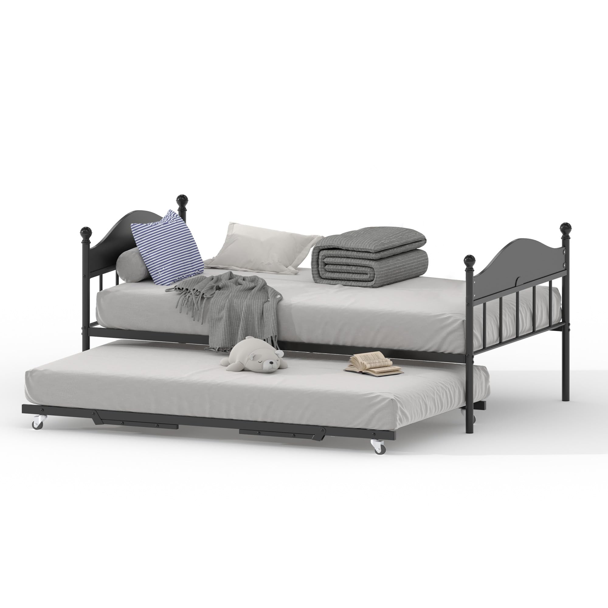 Daybed with Trundle, Metal Twin Size Day Bed with Stylish Headboard, Sofa BedFrame with Pop Up Foldable Trundle Bed, Heavy Duty Steel Slats Platform for Living Room, Bedroom and Guest Room, Black