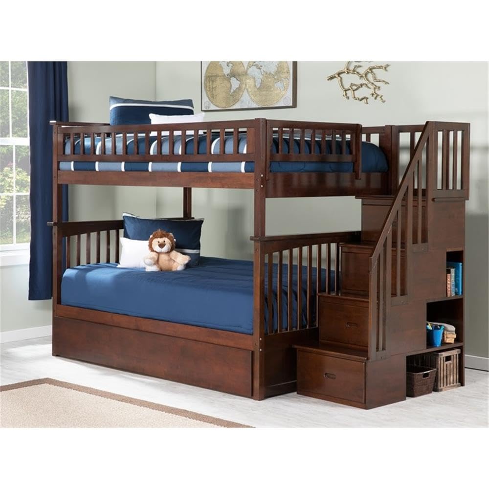 Full Over Full Solid Wood Bunk Bed with Trundle in Walnut