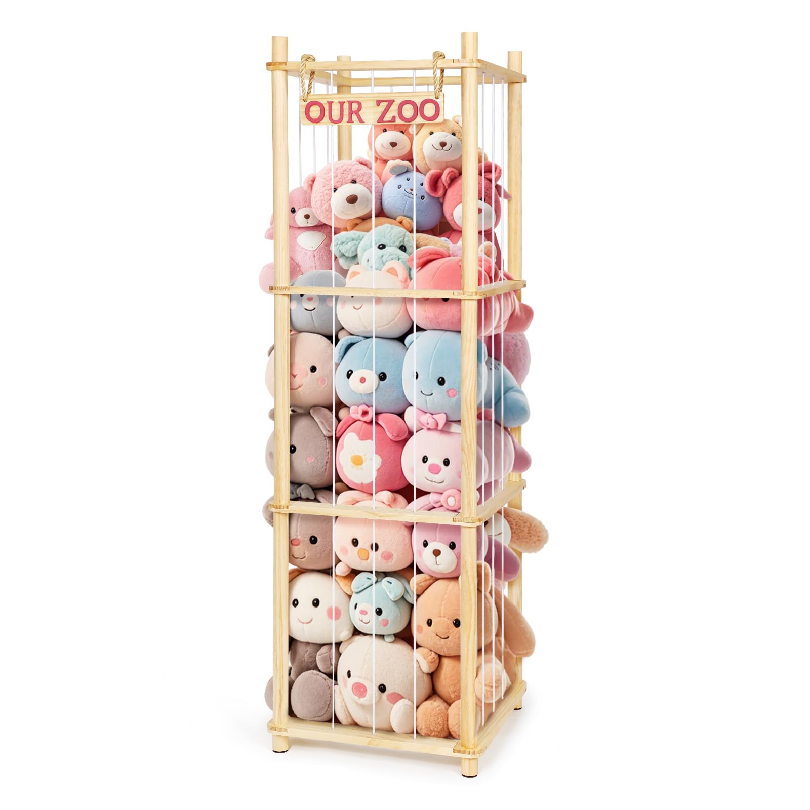 Stuffed Animal Storage - Tall Natural Pine Wood Toy Organizer