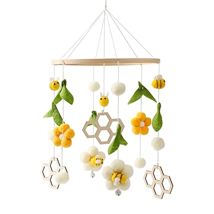 Wooden Wind Chime Bed Bell Crib Mobile, Neutral Pink Bee Baby Ceiling Mobile